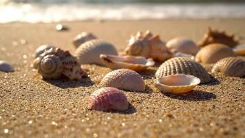 Shells scattered on a beach in a close static shot shadows shifting slightly with time video
