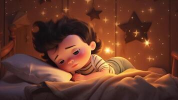 un pequeño chico dormido en cama con estrellas en el pared video