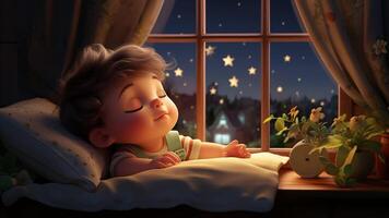 un pequeño chico dormido en un ventana con estrellas en el pared video