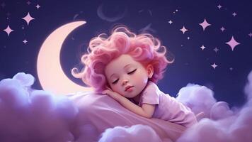 un pequeño niña dormido en el nubes con un Luna en el cielo video