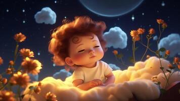 un pequeño chico dormido en un cama con flores y estrellas video