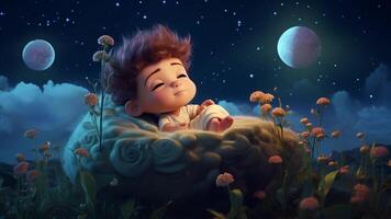 un pequeño chico dormido en un nube con flores video