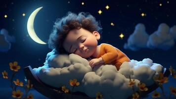 un bebé dormido en un nube con el Luna en el antecedentes video