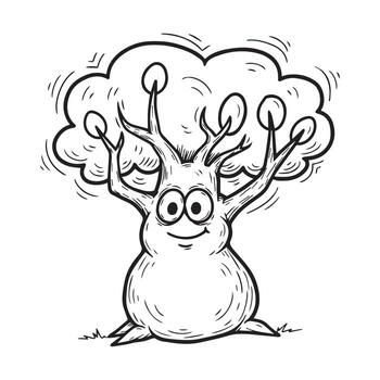 Funny Cartoon Blob Tree Character with Happy Face and Round Leaves vector