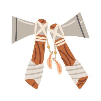 Two Native American tomahawks in a colored flat style. Hunting and military weapons. Sharp axes with individual feather weaves. Hunting. An isolated object. Nomadic lifestyle. American Indians vector
