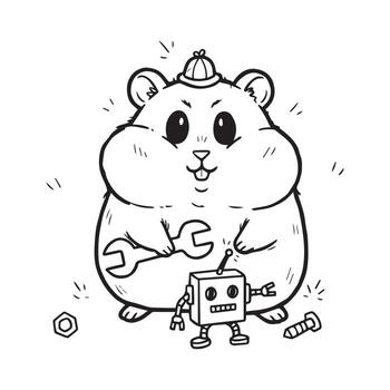 Chubby Cartoon Hamster Mechanic with Wrench Fixing Small Robot vector