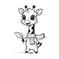 linda dibujos animados bebé jirafa con bufanda participación un soltero hoja vector