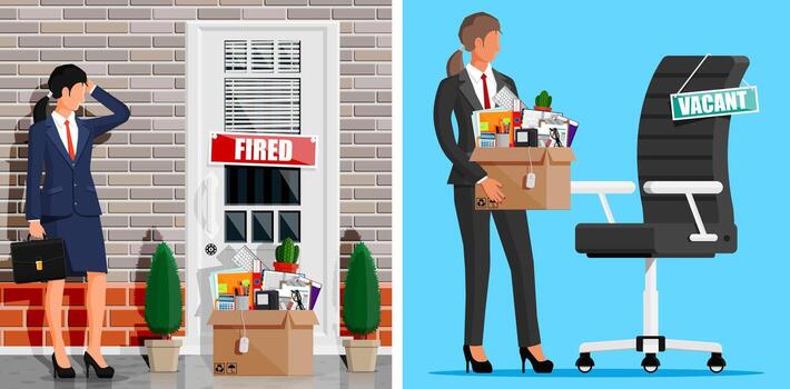 Woman carrying box after job loss vector