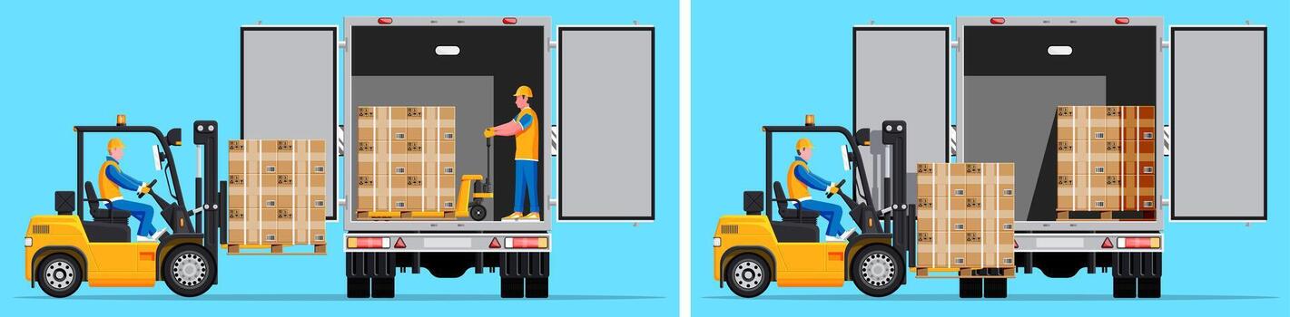 Forklift loading truck with boxes vector