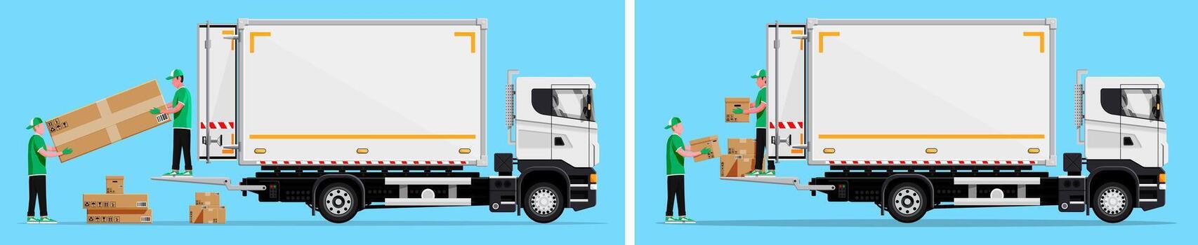 Truck loading and unloading boxes vector