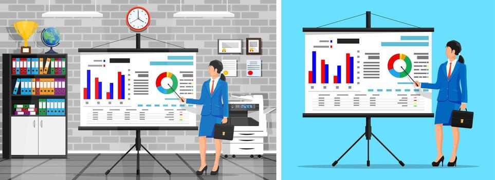 mujer negocio entrenador dando presentación vector