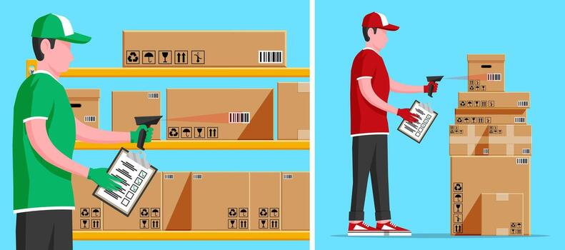 Man with barcode scanner check boxes in warehouse vector