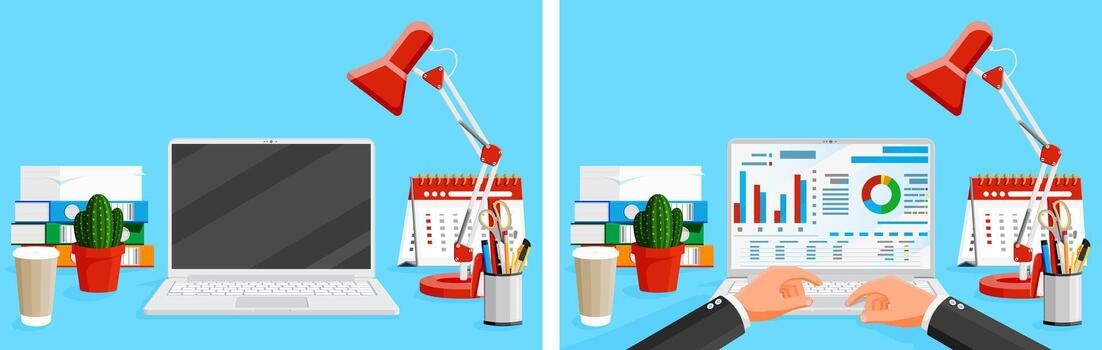 Man typing on laptop with business charts vector