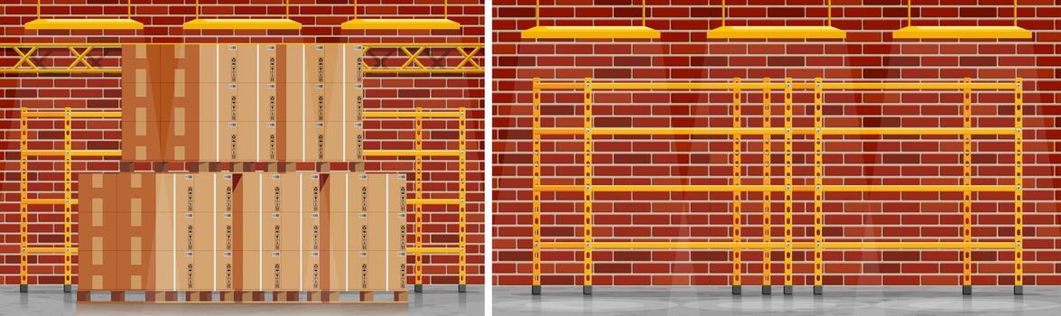 Warehouse interior with box and empty shelf vector