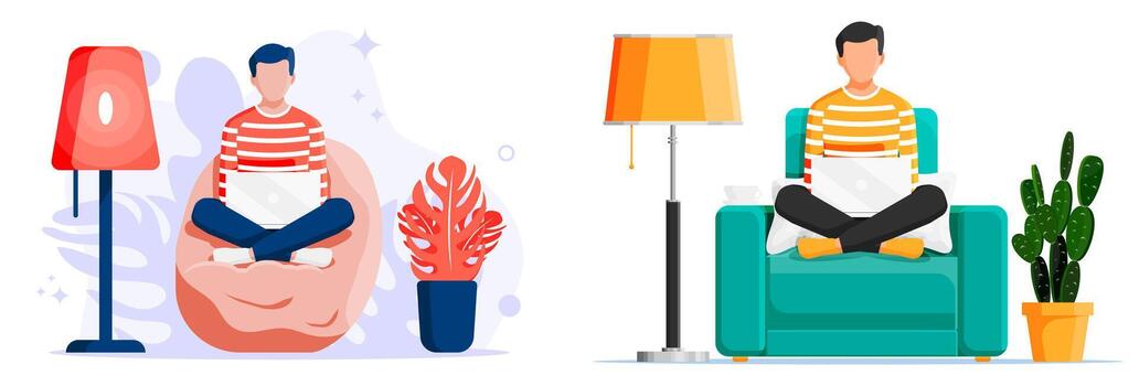 hombre trabajando remotamente con ordenador portátil. vector