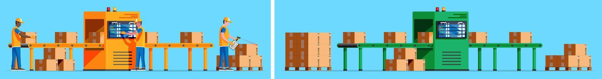 warehouse packaging system with workers vector