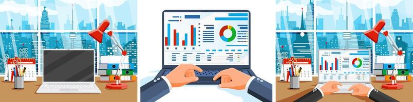 hombre trabajando en ordenador portátil con financiero grafico. vector