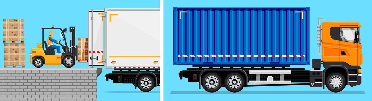 Forklift loading truck container vector