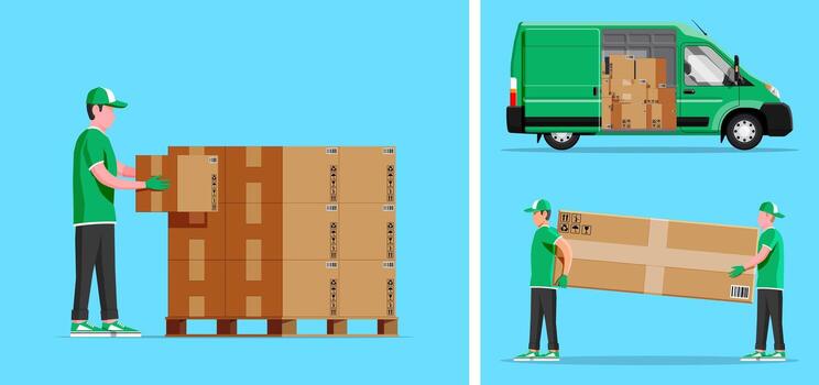 hombres y entrega camioneta con cajas vector