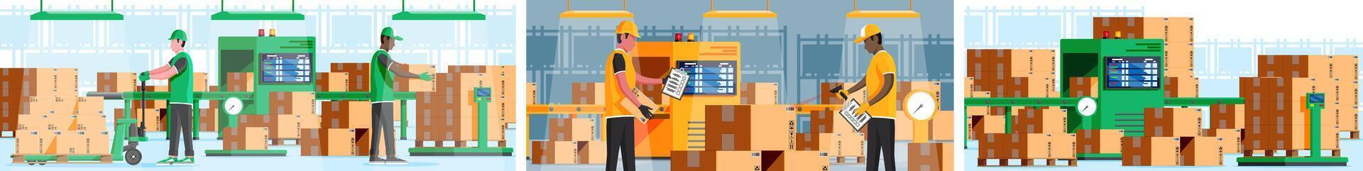 Warehouse workers managing packages and inventory vector