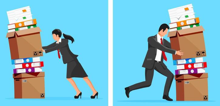 Office workers moving stacked boxes vector