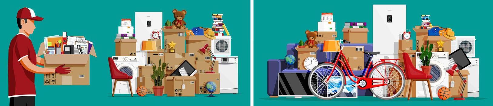 Moving boxes and assorted items stacked vector
