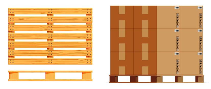 Empty and loaded wooden pallet with carton boxes vector