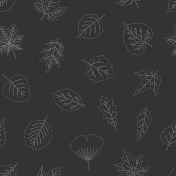 Seamless pattern with white contour leaves on black background, leaf of maple, linden, aspen, ginkgo, and others. Print for textile, package, and paper. Illustration, line art style vector