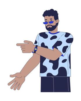 por casualidad vestido negro hombre señalando a lado con confidente expresión 2d dibujos animados personaje. frio chico con barba y Gafas de sol plano persona aislado en blanco. Mancha ilustración vistoso vector