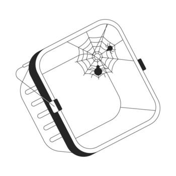 Abandoned empty shopping basket with spider web 2D line object. Spiderweb forgotten purchase. Cobweb neglected store container isolated clipart ink outline item. Monochrome spot illustration vector