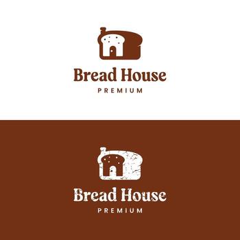 Minimalist and rustic logo design of a slice of bread shaped like a house, suitable for a bakery, cafe, or artisanal bread company. Available in smooth and cracked texture variations. vector