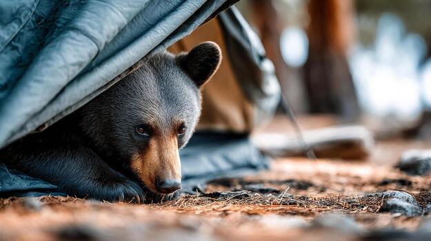 Bear resting in a tent in the forest. A bear peacefully rests under a tent in a forest setting, surrounded by trees and forest floor. photo