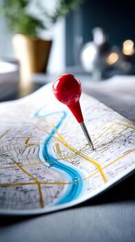Red pin marks location on city map. A bright red pin is placed on a paper map showing streets and a river, indicating a specific location for navigation. photo