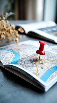 Exploring a city with a map and pin. A red pin marks a location on an open map in a cozy setting, perfect for planning a city adventure. photo