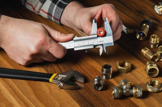 The wizard measures the size of fitting using a caliper before connecting water or gas pipe. Close-up of the hands of master photo