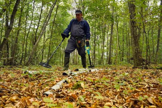 Man searches for hidden treasures in a forest clearing using a metal detector while surrounded by fallen leaves and lush trees on a calm day photo