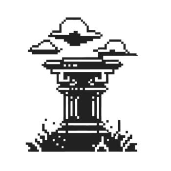 antiguo griego columna píxel Arte clásico iónico pilar con nublado cielo, digital mínimo retro estilo, historia arquitectura concepto vector