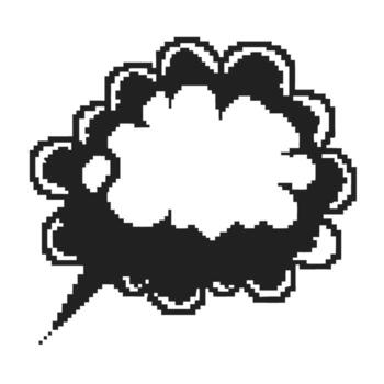 Pixelated black and white thought bubble retro speech cloud, 8 bit dialog shape with jagged outline, digital communication icon vector