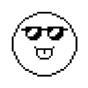 Pixelated smile face with sunglasses and tongue out cool retro emoticon, quirky digital expression, monochrome design vector