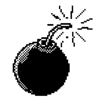 Retro pixel bomb icon exploding black round bomb with fuse and sparks, classic arcade game explosion concept vector