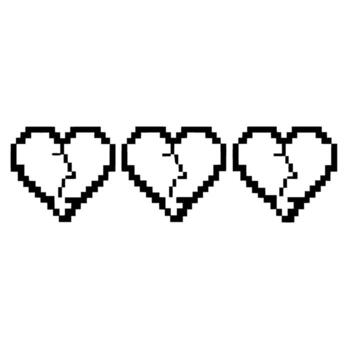 Three pixelated broken hearts in a row retro digital love loss, 8 bit heart symbols, minimal black and white design vector