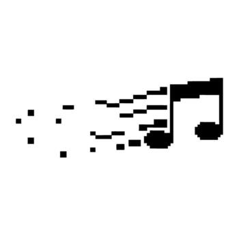 Pixelated music note dissolving into scattered digital fragments, symbolizing sound in virtual data or digital audio concepts vector