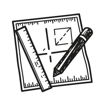arquitectónico Plano bosquejo con regla y bolígrafo mano dibujado herramientas y plan, construcción Ingenieria y redacción concepto vector