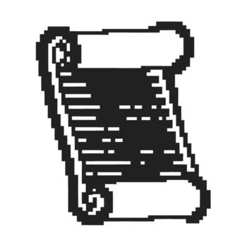 píxel Arte antiguo Desplazarse icono negro y blanco pergamino, retro juego misterioso documento ilustración vector