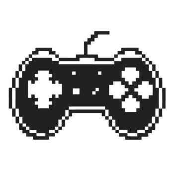 Pixel art game controller icon retro gaming joystick, black and white design, nostalgic entertainment interface symbol vector