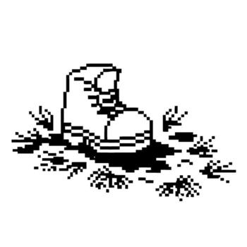 Pixel art boot stepping in mud with clear boot print and scattered bird tracks, retro minimal black and white design vector