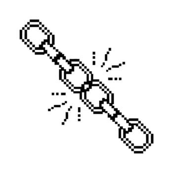 Pixel art broken chain with scattered fragments symbol of freedom, release, liberation, digital disruption, separation vector
