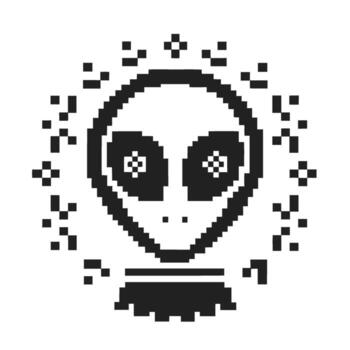 Pixel art alien face with large black eyes, surrounded by geometric shapes and patterns on white background vector