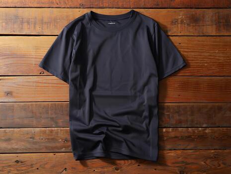 un oscuro gris camiseta es pulcramente arreglado en un rústico de madera superficie, exhibiendo sus sencillo diseño y textura foto