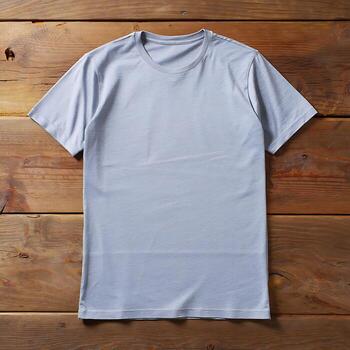 un ligero azul camiseta es presentado en un de madera fondo, exhibiendo sus color y textura en un sencillo ajuste foto